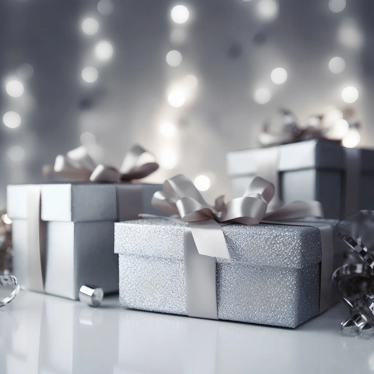 Silver gift boxes with ribbons and lights