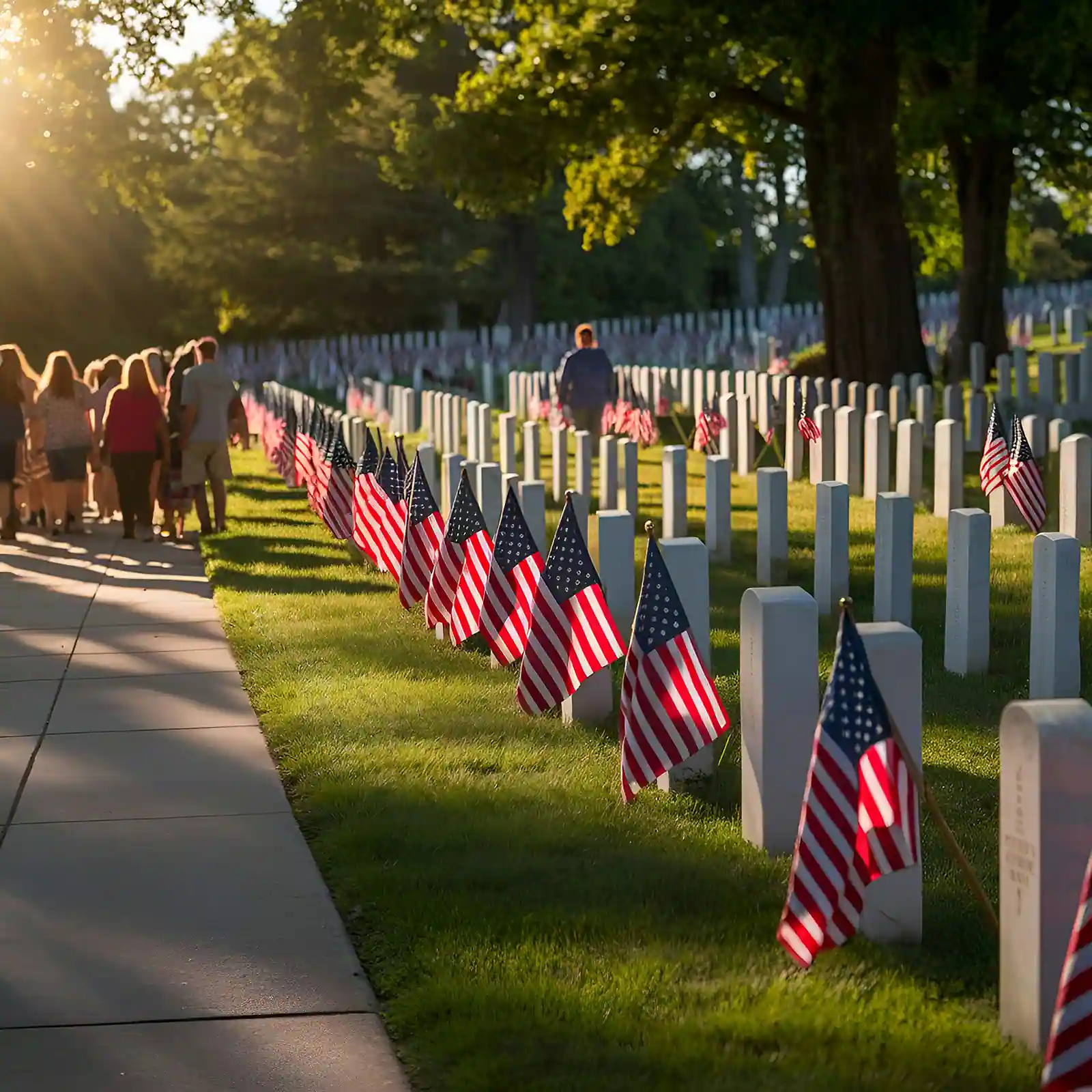 American flags at military cemetery during sunset