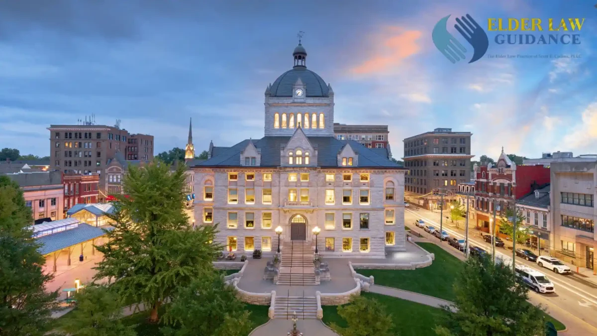 Lexington, Kentucky, USA historic downtown cityscape at blue hour, where a gorwing elderly population needs estate planning services.