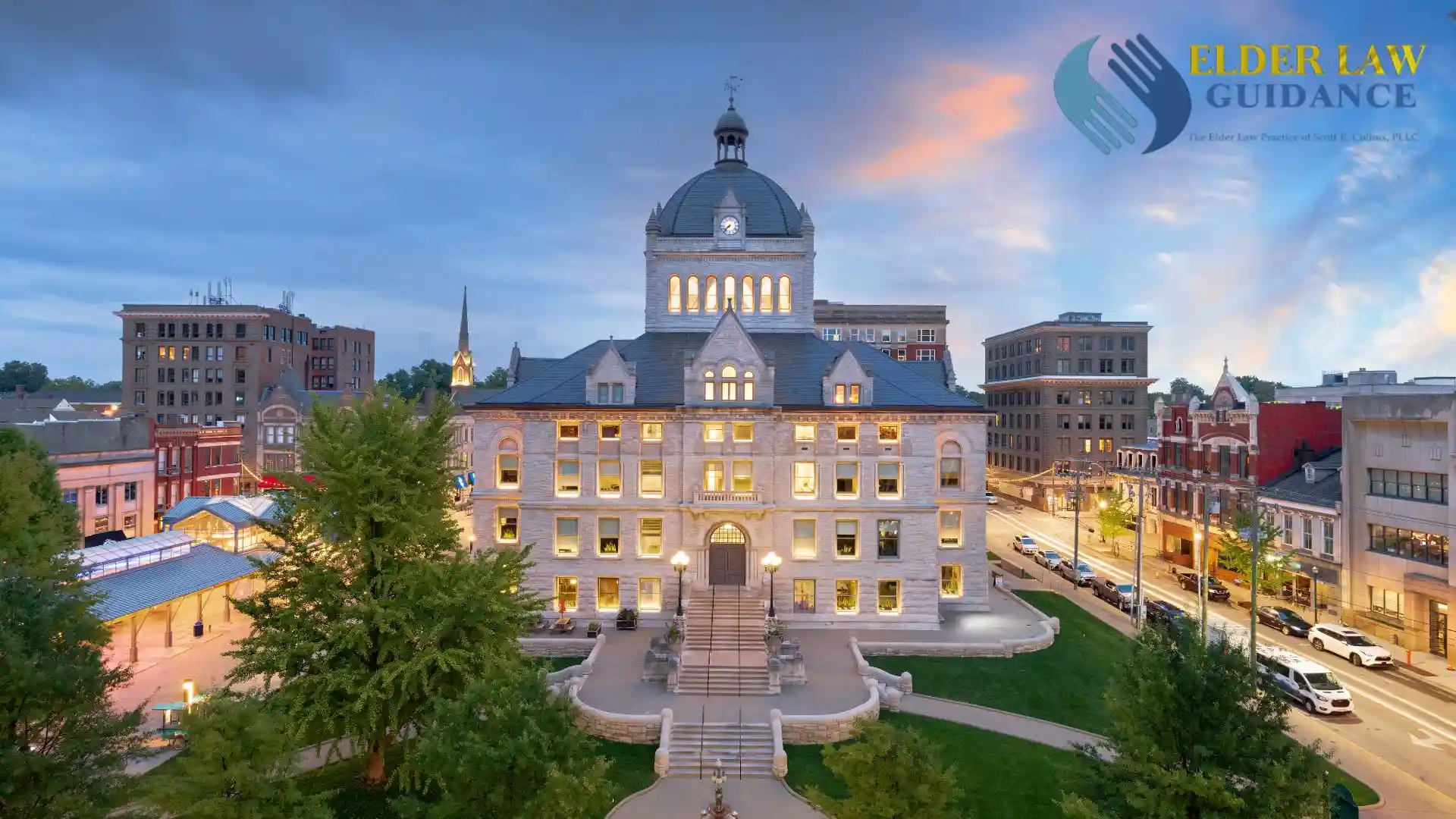 Lexington, Kentucky, USA historic downtown cityscape at blue hour, where a gorwing elderly population needs estate planning services.