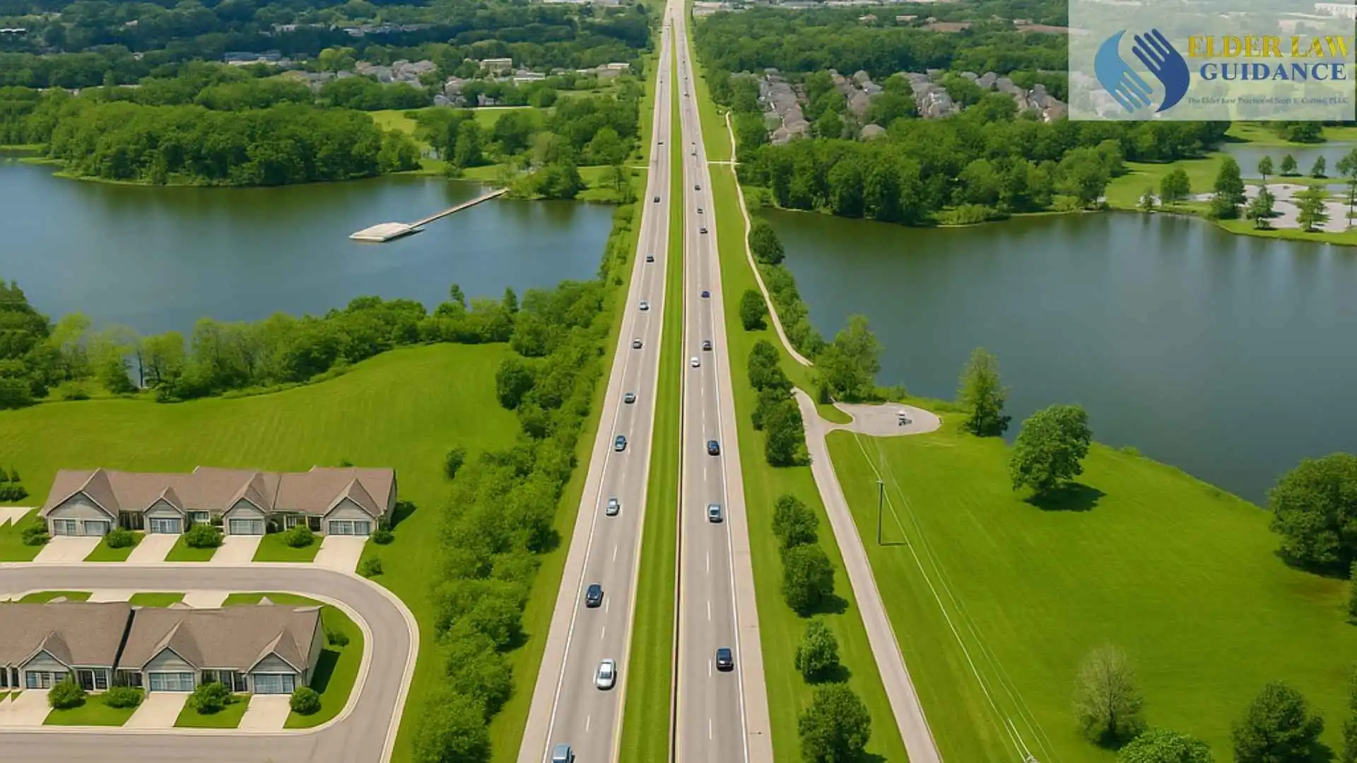 An aerial view of two roadways going over a lake with residences nearby in Richmond, KY. A common location where local elders are in need of medicaid planning.