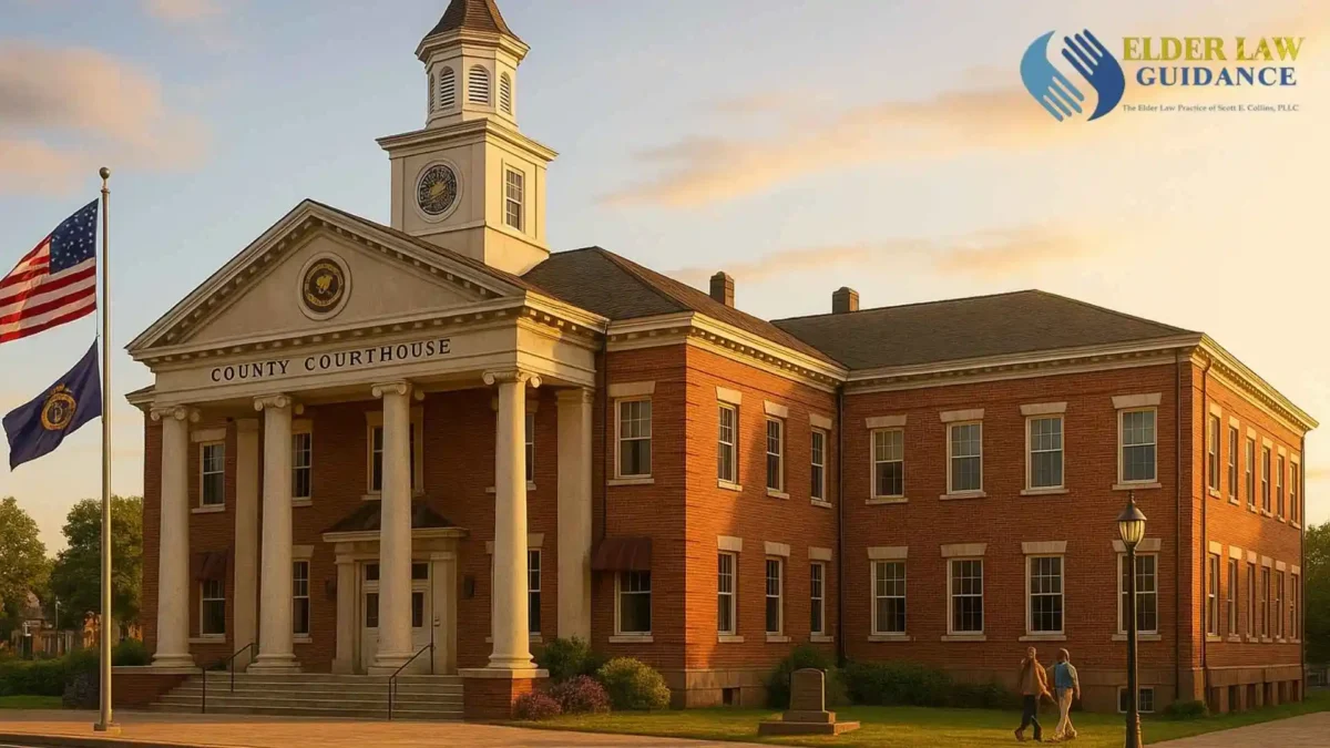 Drawing of a county courthouse, a place where a VA disability attorney would be needed.