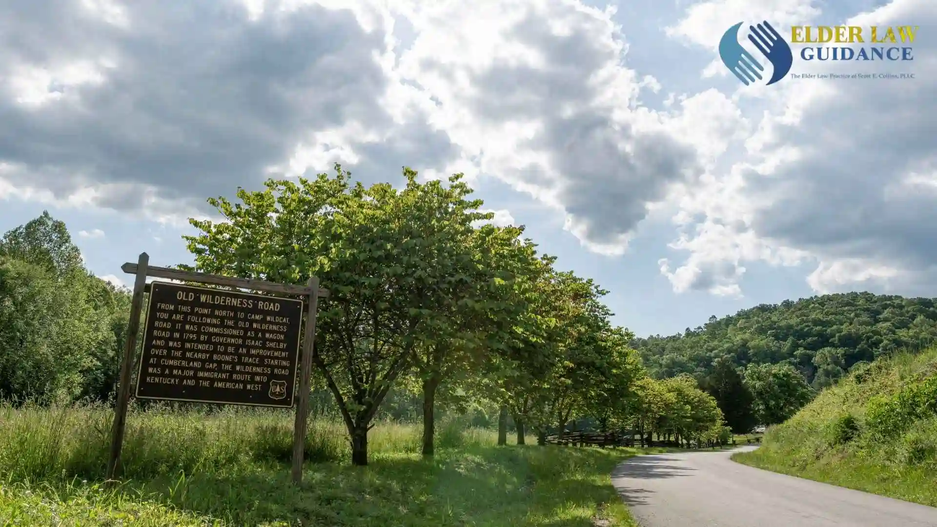 London, Kentucky/USA-May 14, 2019: Historic marker sign denoting the route of the Old Wilderness Road through the mountains of Laurel County, one of two major routes for pioneers entering Kentucky.