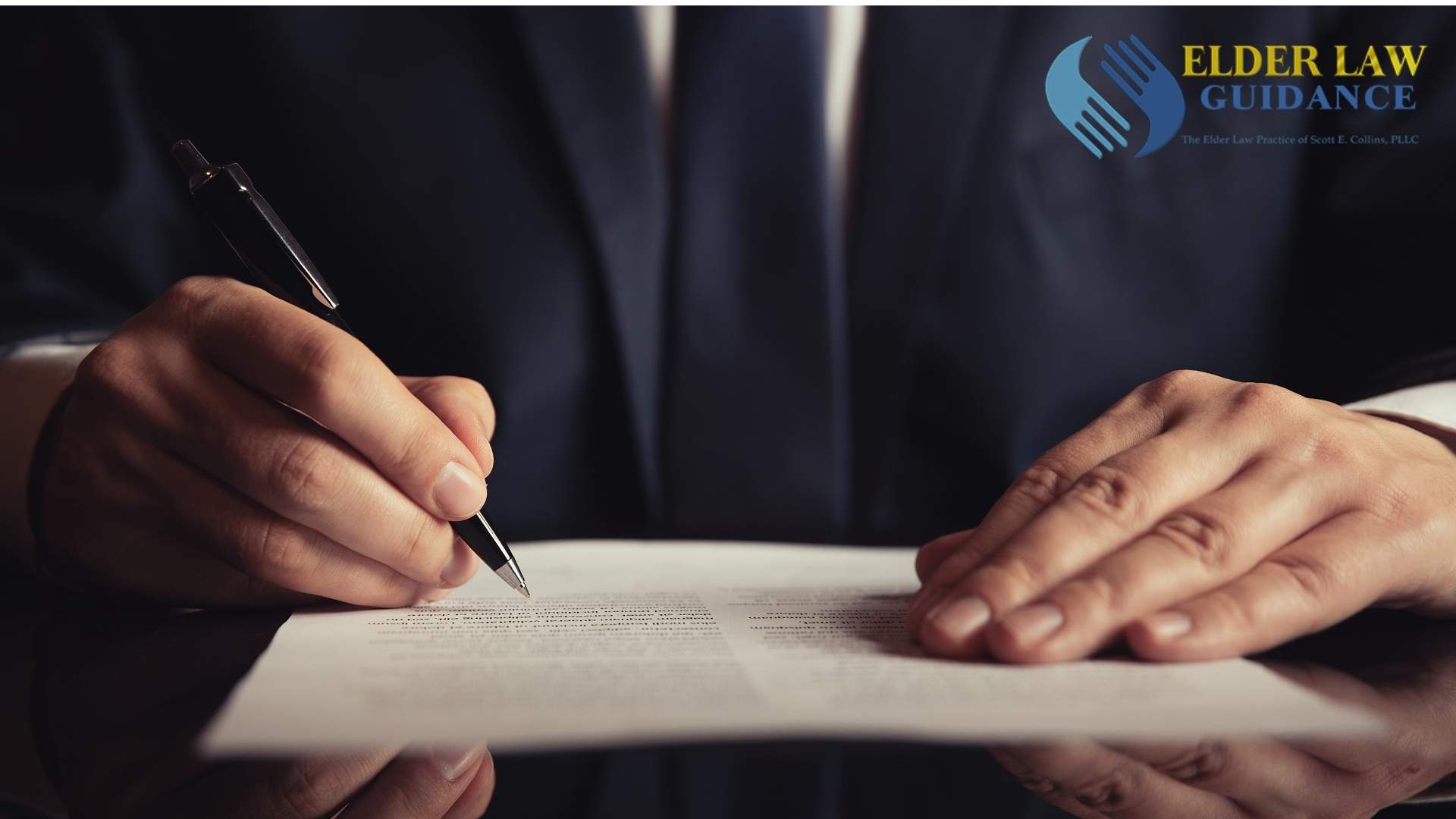 Lawyer signing a power of attorney document at desk