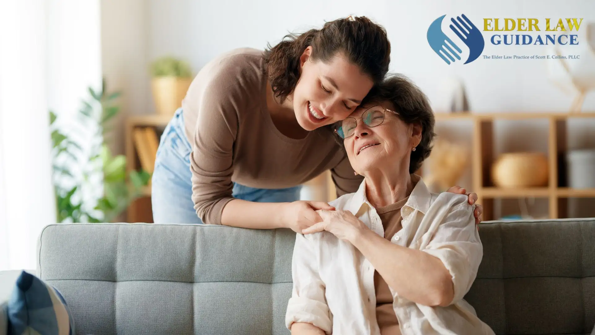 Young woman caregiver hugging elderly woman happily