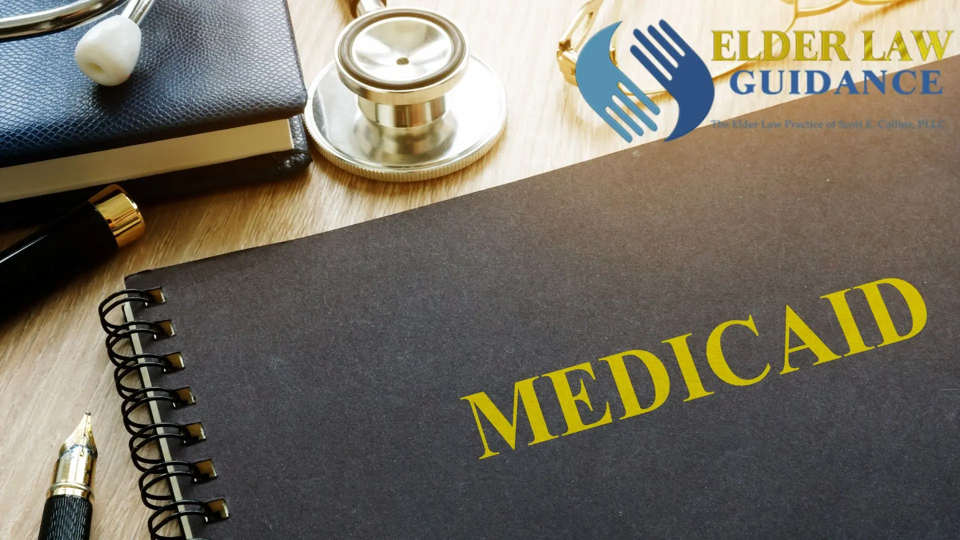 Medicaid folder with stethoscope and legal materials