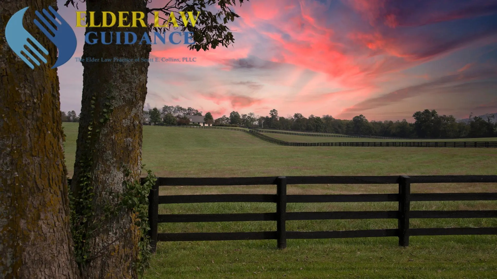 Rural pasture with black fence at sunset in Kentucky