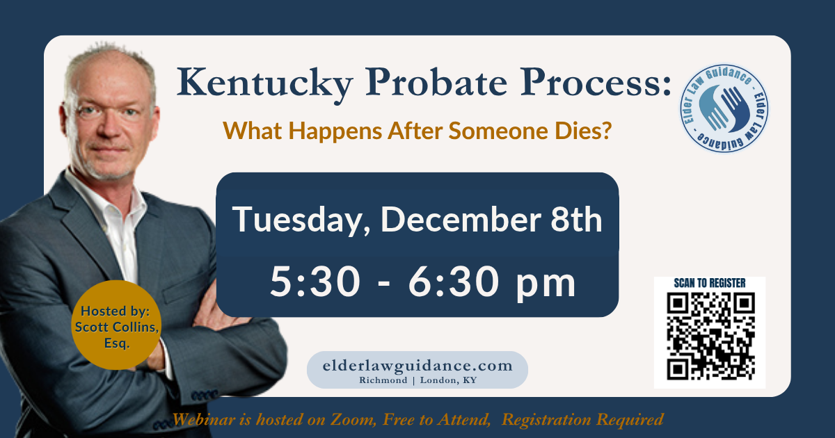 Kentucky probate process webinar registration flyer with attorney